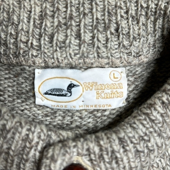 Vintage Winona Knits Oatmeal Patch Elbow Wool Cardigan Sweater Large - Picture 7 of 9